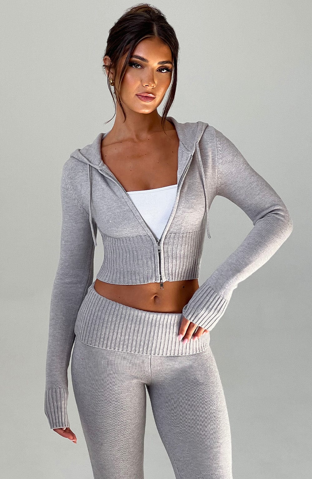 Portia Knit Hoodie - Light Grey Marl - Image 3