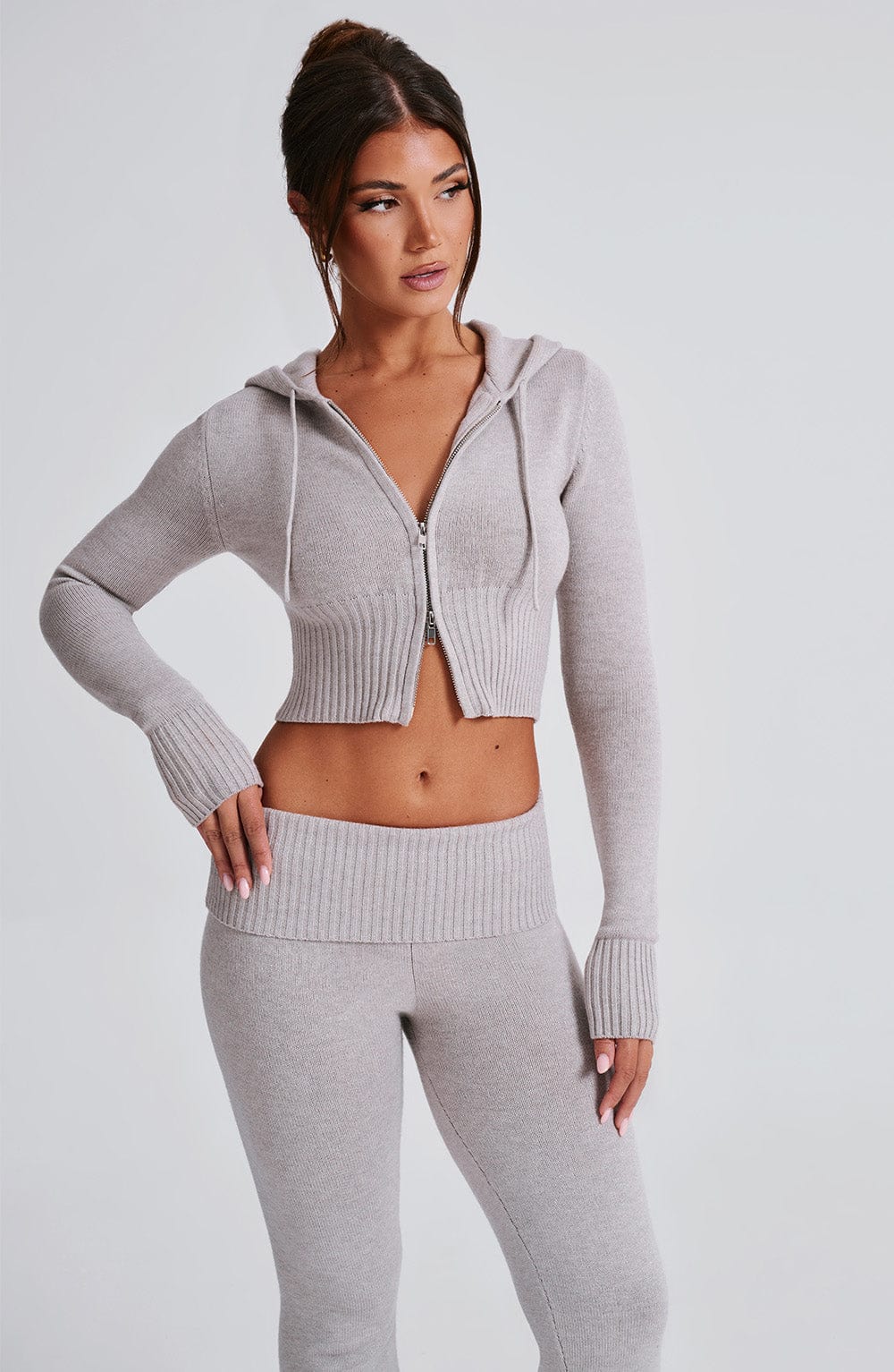 Portia Knit Hoodie - Light Grey Marl - Image 5